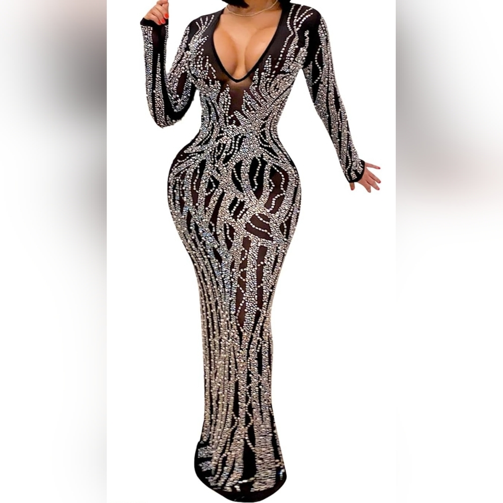 Elegant multicolored bodycon maxi dress with long cuffed sleeves for cocktail